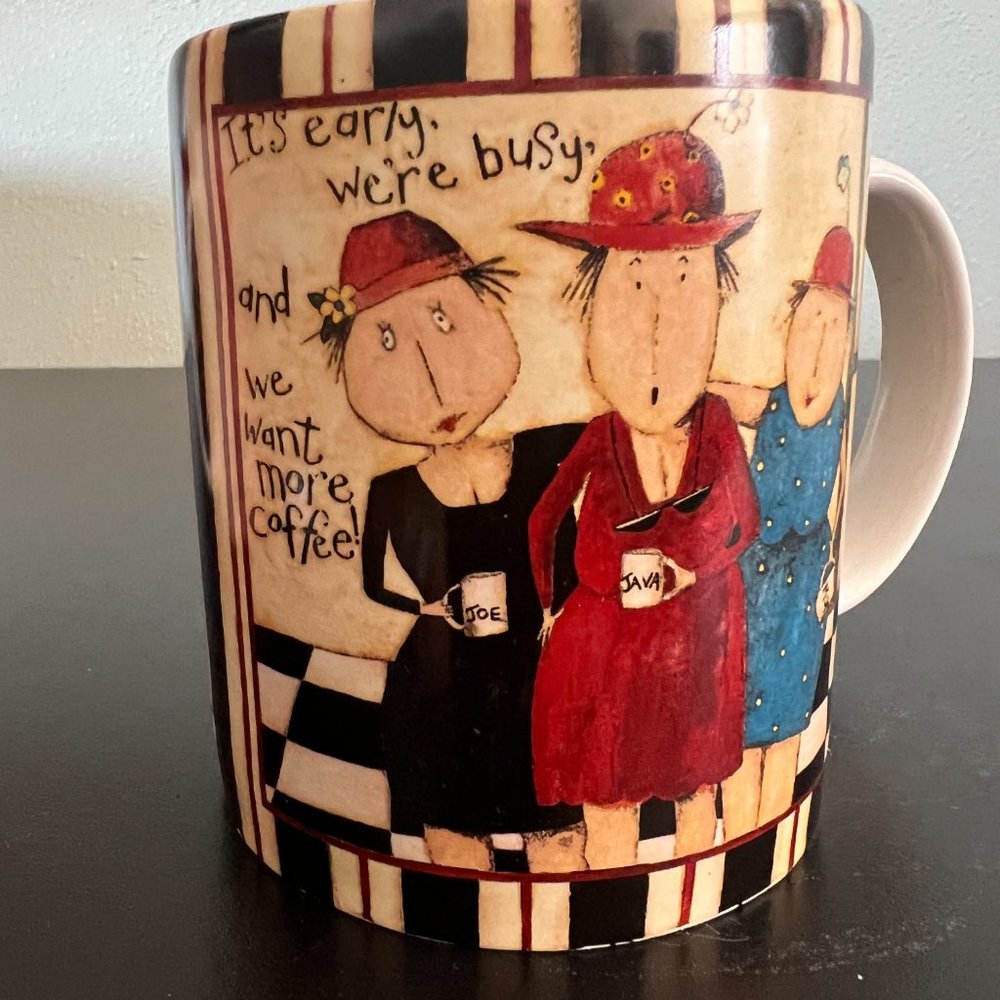 Vintage Lang & Wise BUZZ CAFE Dan DiPaolo Ceramic Coffee Cup Mug Red Hat Ladies